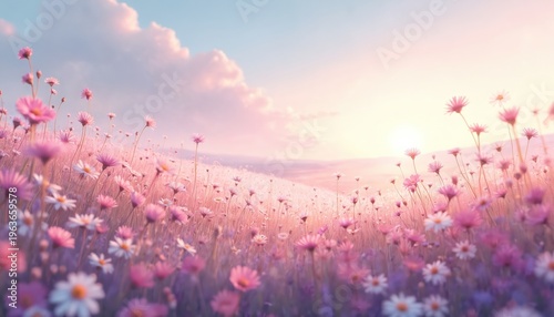 Soft focus field of pink and white wildflowers in gentle pastel sunset light. Delicate blooms sway in a breeze across rolling hills under a dreamy sky with clouds.