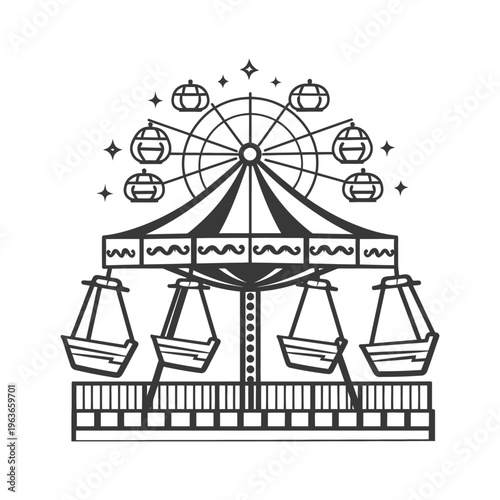 A monochrome illustration depicting an amusement park ride with a ferris wheel