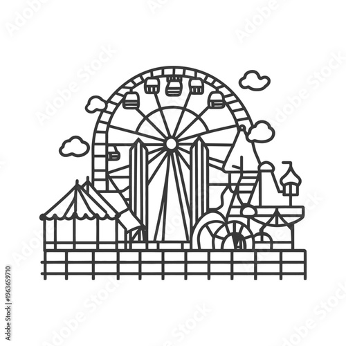 A detailed black and white line drawing of a fairground scene