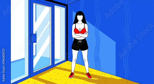 Woman in red bra and black skirt standing in a blue room with large glass doors