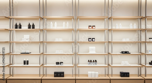 Minimalist retail display featuring shelves stocked with various skincare and cosmetic products high quality professional detailed