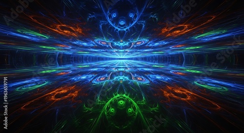 Mesmerizing Abstract Fractal Background with Luminous Blue, Green, and Orange Symmetrical Patterns Creating a Vibrant Digital Art Display