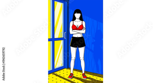 A woman in a red top and black shorts standing in front of a blue wall and yellow door