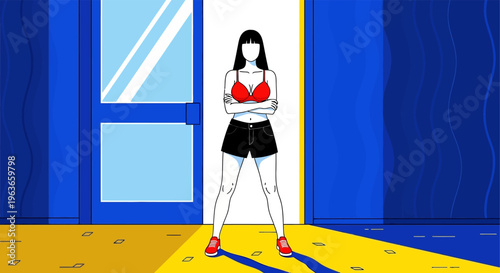 Woman standing in a doorway with a red bra and black skirt