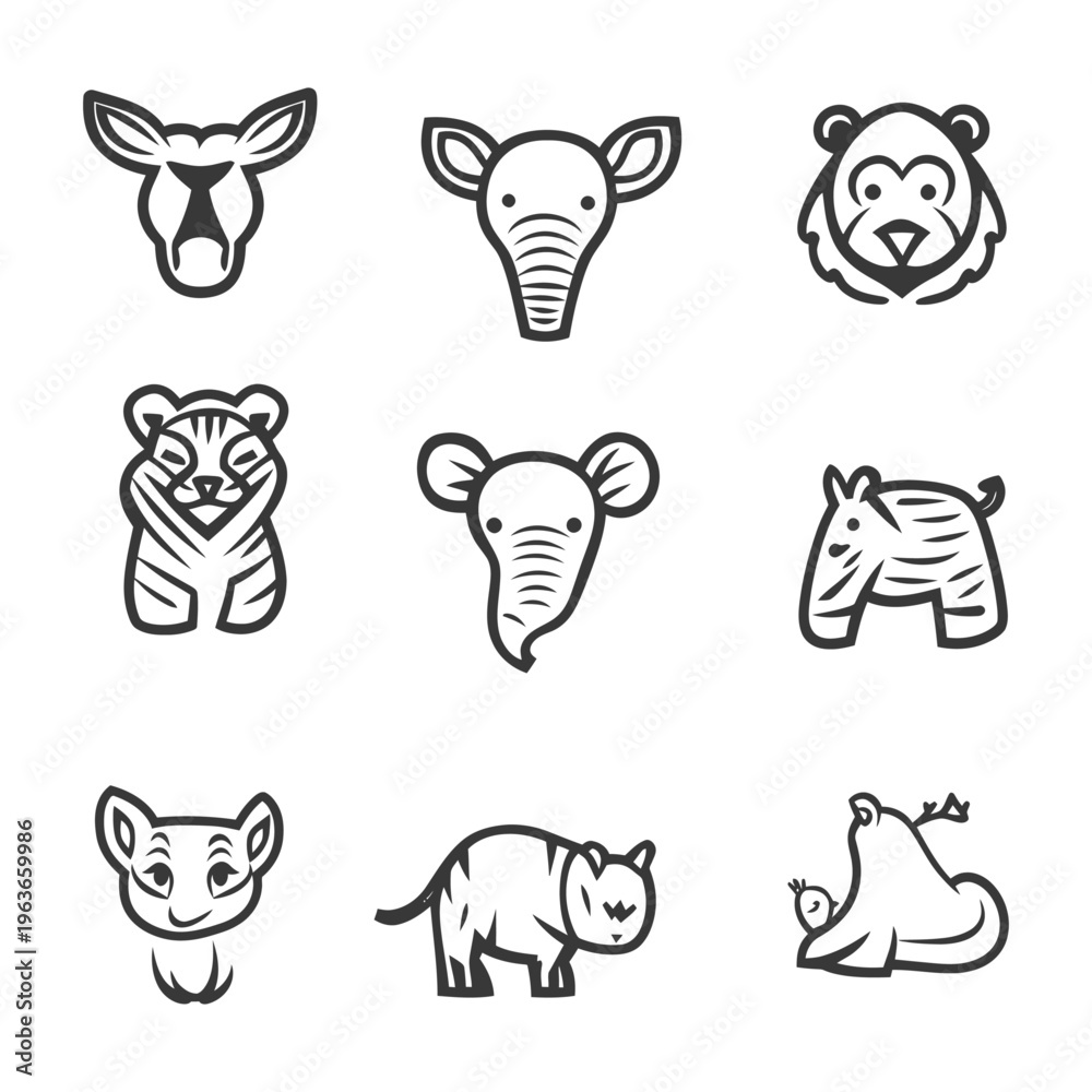 Fototapeta premium Nine simplified animal illustrations arranged in a square pattern format