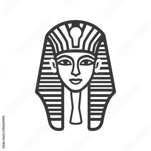 A stylized black and white illustration of an ancient pharaoh