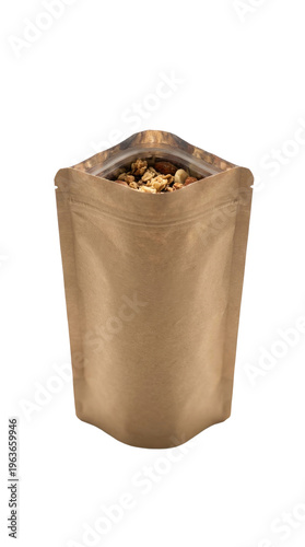 Kraft paper pouch filled with granola and nuts