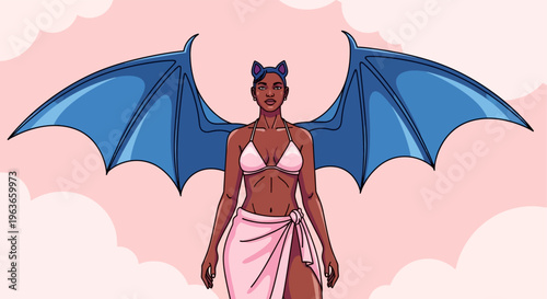 A winged humanoid figure with blue wings and a white bikini top and skirt