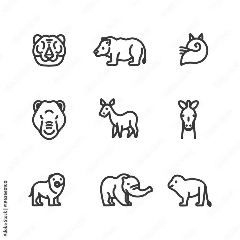 Fototapeta premium A collection of minimalistic line art animal illustrations presented in rows