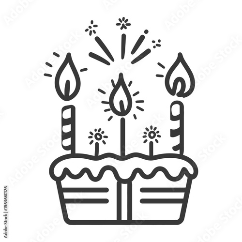 A Simple Hand Drawn Cake With Lit Candles and Fireworks