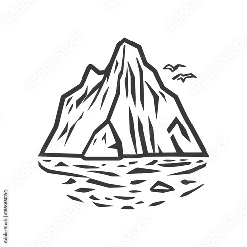 An illustration of an iceberg with birds flying over ocean waves