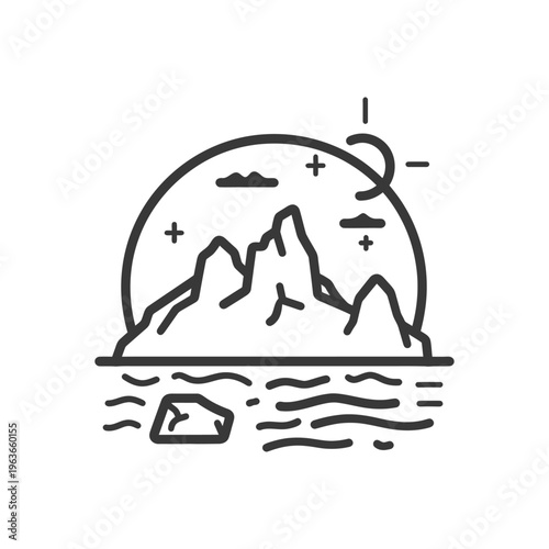 A stylized black and white image depicts mountains and the ocean