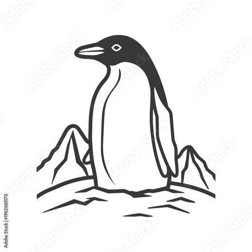 A simple illustration of an adorable penguin standing near ice