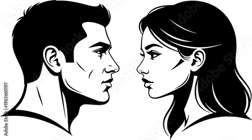 vector set, Vector illustration of silhouette man and woman portrait in profile. Male and female head on a white background side view.