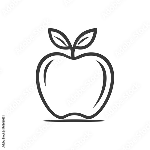 A simplistic line drawing depicts a fruit with leaves