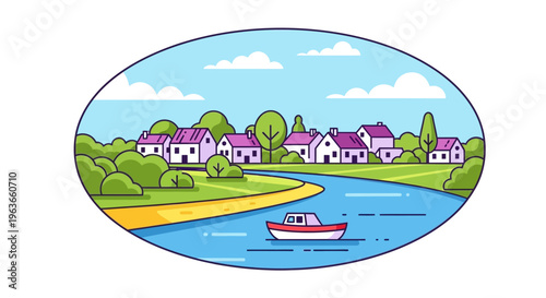 A serene village scene with a river and a boat sailing by