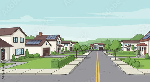 Suburban neighborhood street with houses and solar panels on a sunny day