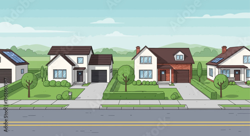 Suburban neighborhood with modern houses and lush landscaping