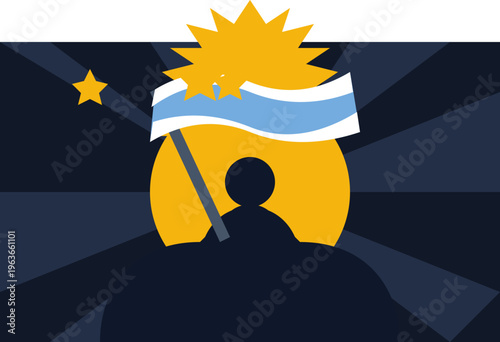 Hand-drawn Stylized illustration of a person holding an argentinian flag against a sun and dark ray background. authentic illustration