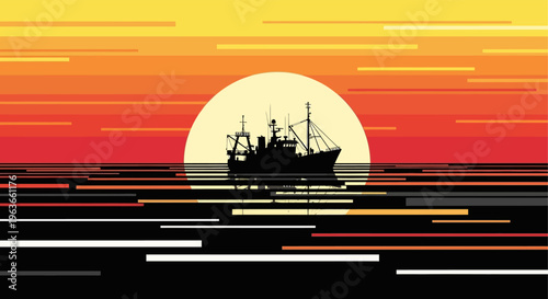A serene sunset scene with a silhouette of a ship on the calm waters of the ocean