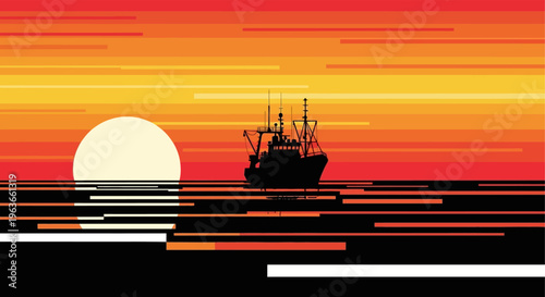 A serene sunset scene with a majestic ship sailing on calm waters