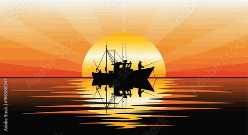 Fishing boat sailing into a vibrant orange sunset on calm waters