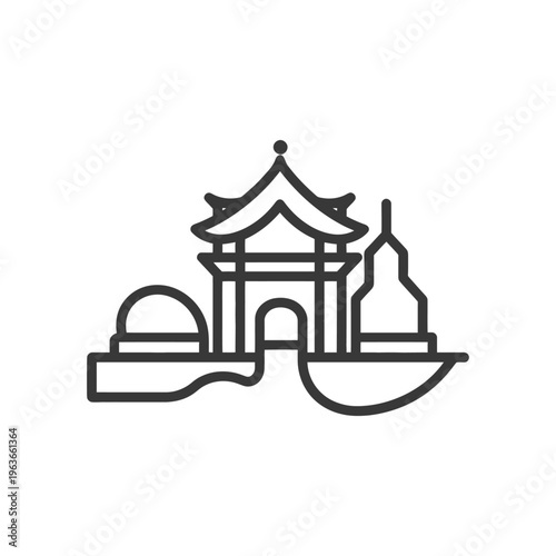 Detailed graphic illustration showing an oriental style architectural structure