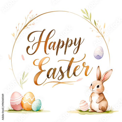 Happy Easter holiday illustration with painted eggs, bunny and flowers on white background. Spring celebration design with copy space available for greeting card or party invitation