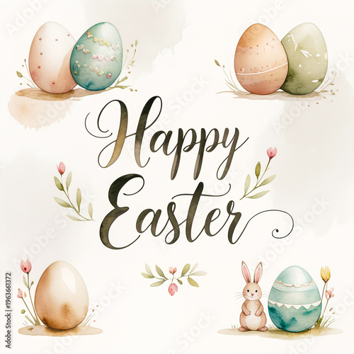 Happy Easter holiday illustration with painted eggs, bunny and flowers on white background. Spring celebration design with copy space available for greeting card or party invitation