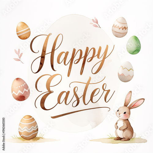 Happy Easter holiday illustration with painted eggs, bunny and flowers on white background. Spring celebration design with copy space available for greeting card or party invitation