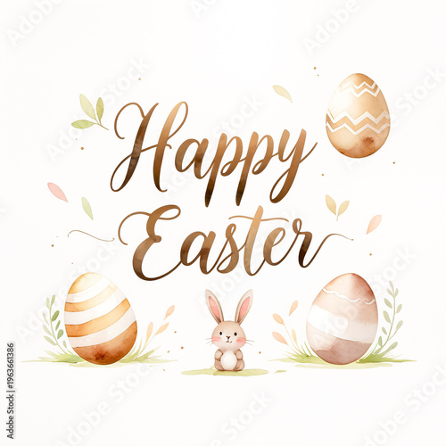 Happy Easter holiday illustration with painted eggs, bunny and flowers on white background. Spring celebration design with copy space available for greeting card or party invitation