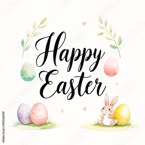 Happy Easter holiday illustration with painted eggs, bunny and flowers on white background. Spring celebration design with copy space available for greeting card or party invitation