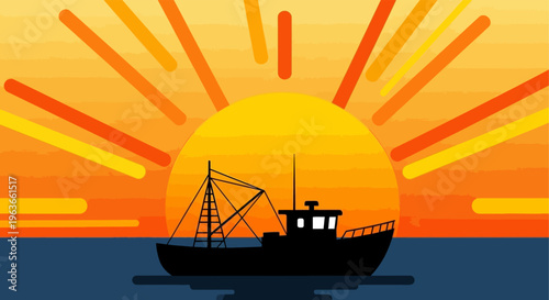 Serene fishing boat at sunset on calm waters