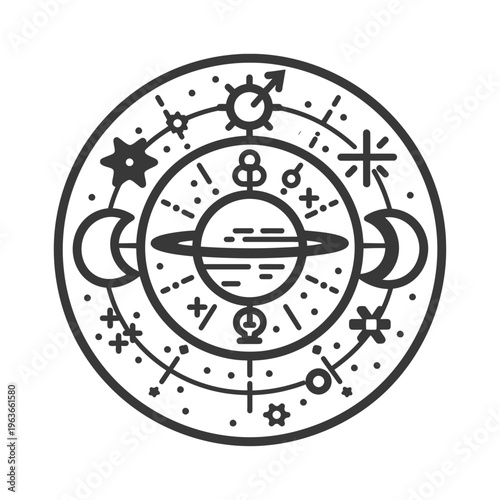 A circular illustration depicts celestial bodies and astrological symbols