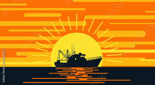 Fishing boat silhouette at vibrant orange sunset on calm sea