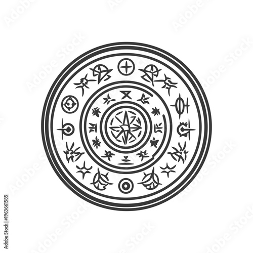 A circular design containing multiple symbols and shapes is depicted
