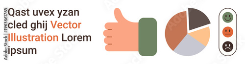 Feedback evaluation, survey analysis, user satisfaction, data , digital feedback tools, business insights. Thumbs up, pie chart and emotions visually convey feedback. Feedback evaluation and survey