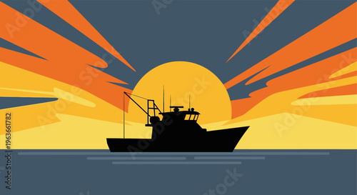 Fishing boat silhouette against a vibrant sunset with orange and yellow rays