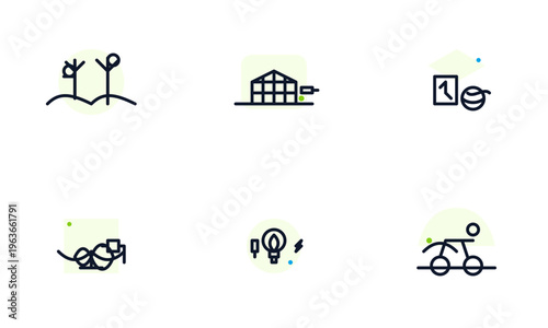 Hand-drawn A collection of six minimalist green energy and sustainable lifestyle line icons on white background authentic illustration