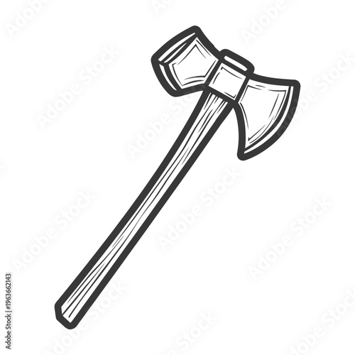 A black and white illustration of a double sided axe