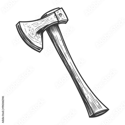 A black and white illustration of a wood handled axe