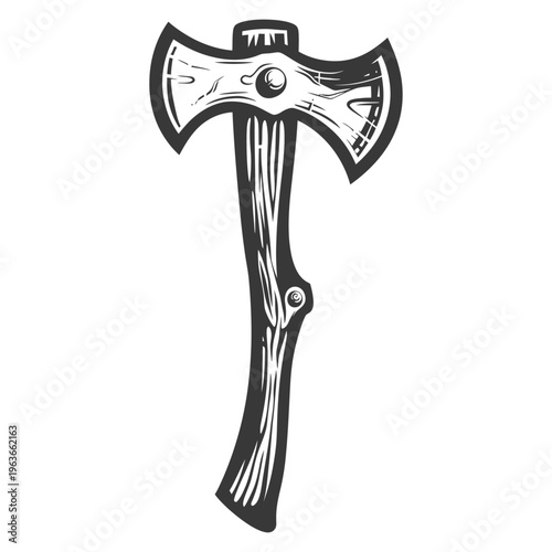 A detailed artistic illustration of a double bladed axe