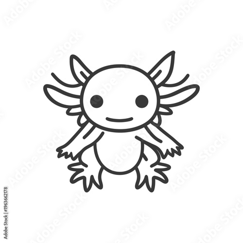 A charming cartoon illustration of a smiling axolotl creature