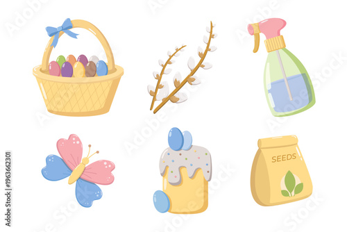 Set of six spring icons basket with eggs, pussy willow branch, spray bottle, butterfly, decorated cake, and seed packet, colorful festive illustration for Easter and gardening themes