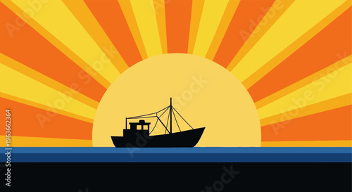 Serene seascape at sunrise with silhouette of a fishing boat