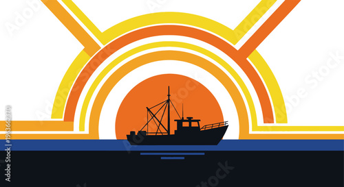 Vibrant illustration of a fishing boat under a stylized rainbow