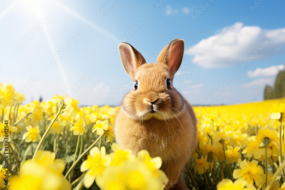 Obraz premium Brown bunny standing among vibrant yellow flowers under a clear blue sky