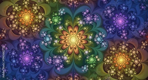 Vibrant abstract fractal pattern showcasing an intricate tapestry of colorful geometric floral shapes, creating a visually stunning and mesmerizing digital background