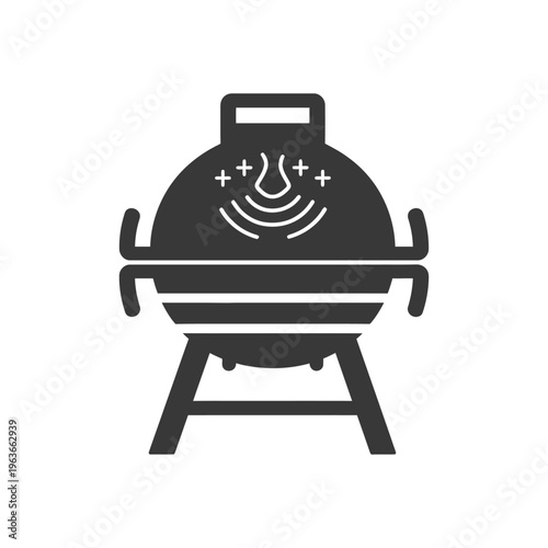 Simple illustration depicting a black charcoal grill with scent lines
