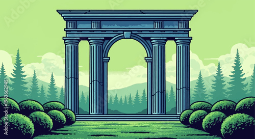 A serene landscape featuring an ancient stone archway in a forest clearing